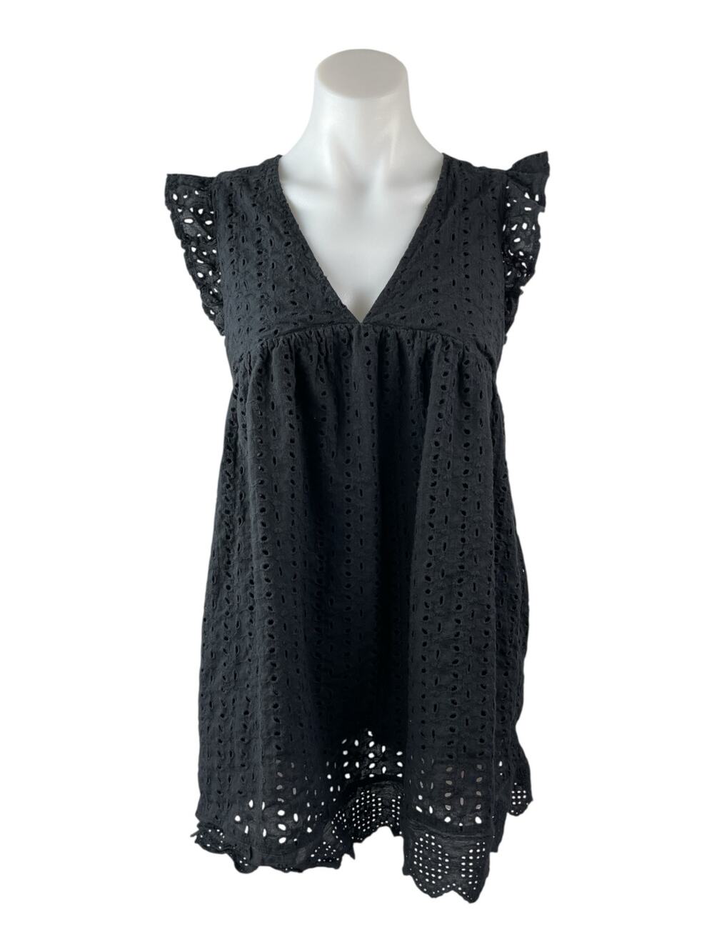 Mustard Seed Black Short Sleeve Smocked Ruffle V Neck Pleated Romper Shorts Sz S